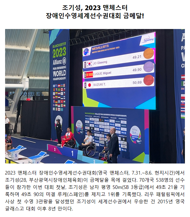 부산장애인체육회 수영실업팀 조기성선수 세계선수권대회 금메달 획득!